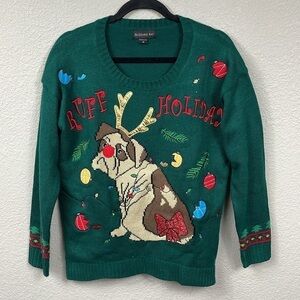 Blizzard Bay Green Knit Ugly Christmas Sweater Light Up Pug Dog Ruff Holiday M